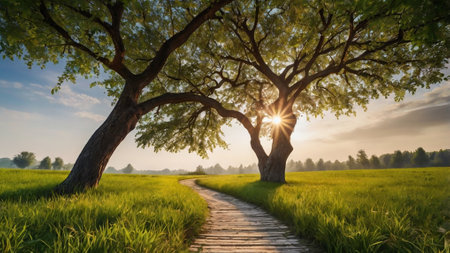 Sunset over a meadow with a large tree in the foregroundの写真素材