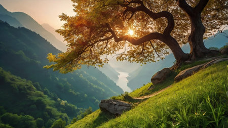 Lonely tree on the hillside at sunset in summer.の写真素材
