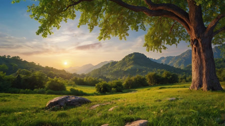 Beautiful summer landscape with big tree and green meadow at sunsetの写真素材