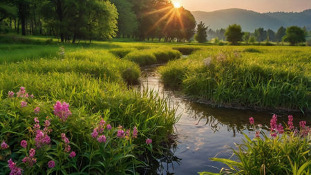 Sunset over the rice fields in the countryside of South Korea.