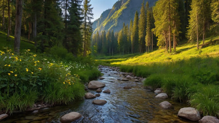 Mountain stream in the forest at sunset. Beautiful summer landscape.の写真素材