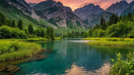 Panoramic view of alpine lake in the mountains at sunset
