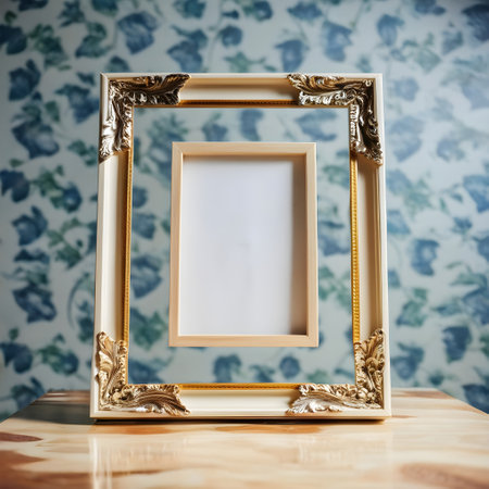 Vintage photo frame on a table in a room with floral wallpaperの写真素材