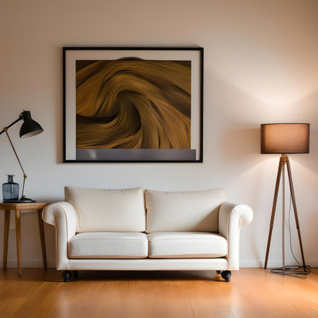 Interior of living room with a white sofa and a black frameの写真素材
