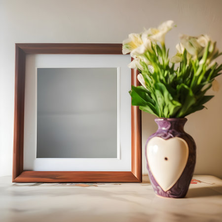 Photo frame and bouquet of white flowers in vase on tableの写真素材