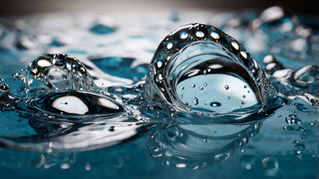 Water drops close-up on a blue background. Shallow depth of field
