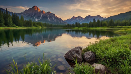Beautiful alpine lake with reflection of mountains in water at sunsetの写真素材