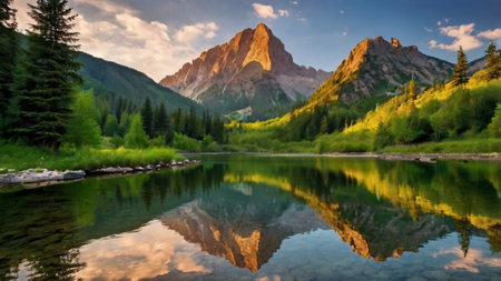 Panoramic view of the beautiful mountain lake with reflection in the waterの写真素材