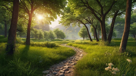 Pathway through the green forest in the morning. Beautiful summer landscape.