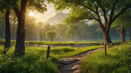 Sunset in the park with trees and meadows. Nature background