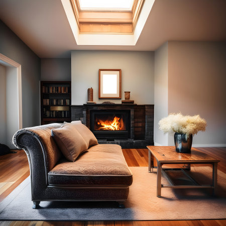 Cozy living room with fireplace and armchair. 3d renderの写真素材