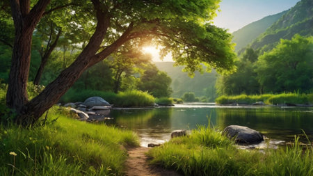 Beautiful summer landscape with river and green forest. Nature background.