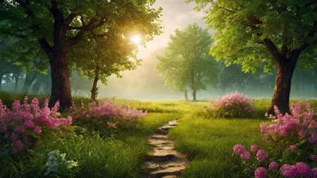 Beautiful summer landscape with blooming trees, grass and path.