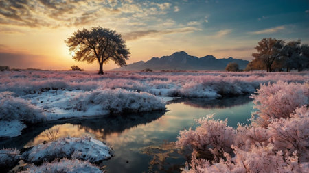 Sunrise over a frozen lake with trees and mountains in the backgroundの写真素材