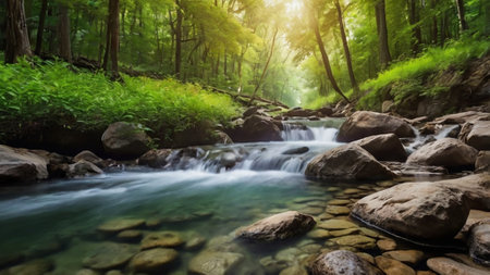 Mountain river flowing through the forest in summer. Beautiful landscape.