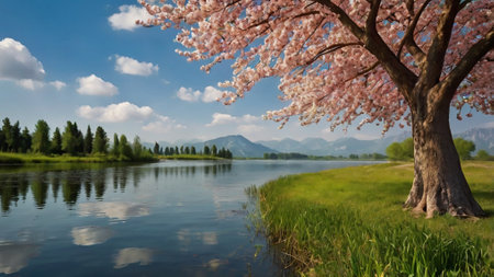 cherry blossom in springtime with lake and mountains in backgroundの写真素材