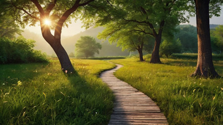 Wooden path in the park at sunset. Beautiful summer landscape.の写真素材