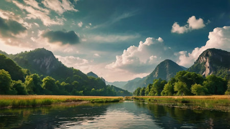 Beautiful summer landscape with river and mountains. Ukraine, Europe.