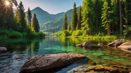 Mountain lake with crystal clear water and green forest at sunset.