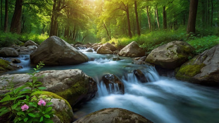 beautiful forest river with rocks and flowers in green summer forest.の写真素材