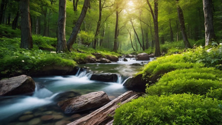 Beautiful river flowing through the green forest. Spring landscape. Soft focus.の写真素材