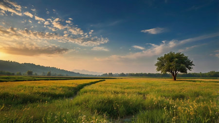 Landscape of rice field and tree in the morning, Thailand.の写真素材