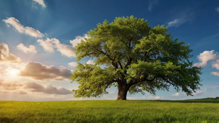 Green oak tree on the meadow under the blue sky with clouds