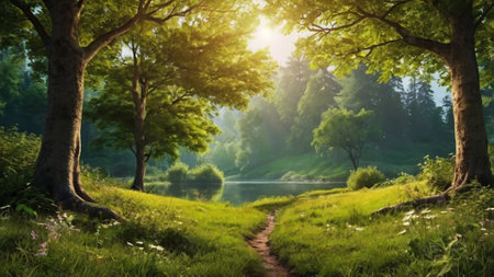 Beautiful summer landscape with forest and river. Panoramic view