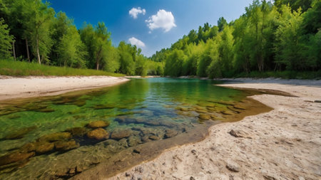 Panoramic view of the river in the forest. Beautiful summer landscape
