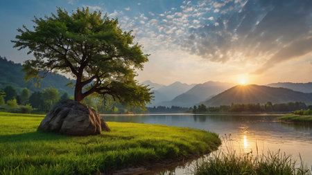 Lonely tree on the lake at sunrise. Beautiful nature landscapeの写真素材