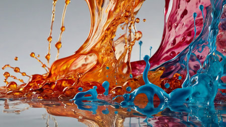 Colorful paint splashes and ripples on the water surface.