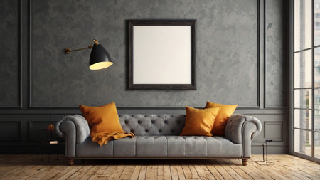 Modern interior with sofa and blank poster on wall, 3d renderの写真素材