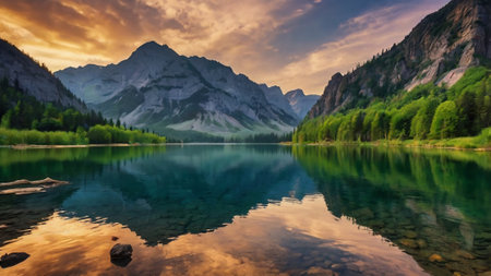 Lago di Braies at sunset, Dolomites, Italy.