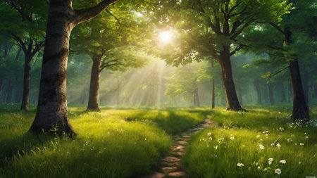 Sunlight in the green forest. Beautiful summer landscape with sunbeams