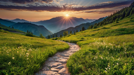 Sunset in the mountains. Panoramic view of the meadow with flowers.の写真素材