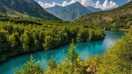 Panoramic view of the turquoise lake in the mountainsの写真素材