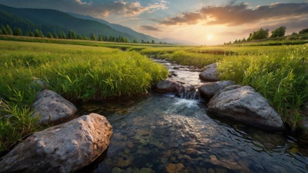 Mountain river in the grassland at sunset. Beautiful nature landscape.