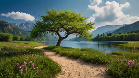 Lonely tree on the shore of a mountain lake in the summerの写真素材