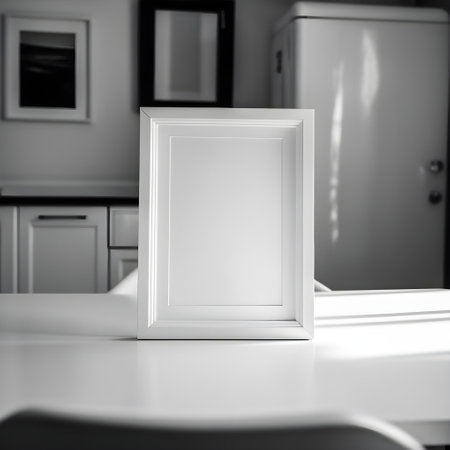 Blank picture frame on white table in kitchen. 3d renderの写真素材