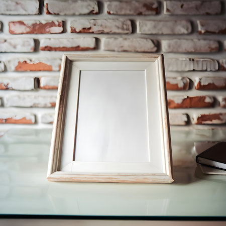 Blank picture frame on glass table and brick wall background, stock photo
