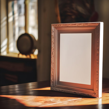 Photo frame mockup on wooden table in coffee shop, vintage tone