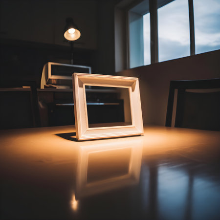 Empty photo frame on table in cafe. Vintage style. Selective focus.