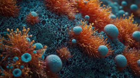 3d rendering of a virus with orange and blue cells in the blood