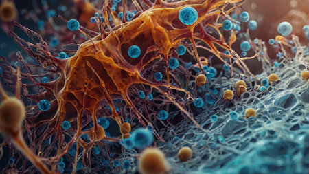 3d render of human cell with neurons and nervous system. Science background.