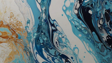 Blue and white abstract background. Fluid art. Acrylic painting.