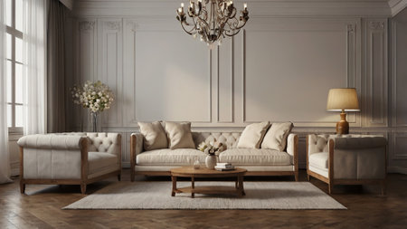 Luxury living room interior with classic furniture. 3d render