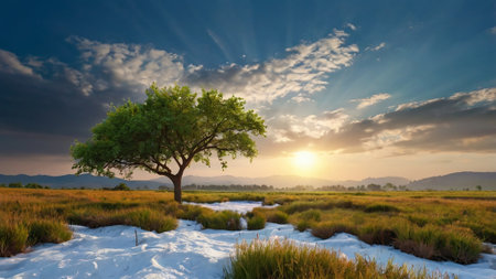 Lonely tree in the meadow at sunset, panoramaの写真素材