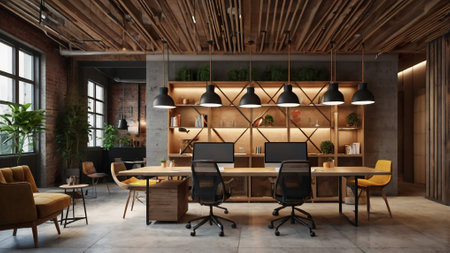 Modern coworking office interior. Workplace and company concept. 3D Rendering