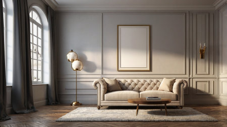 Living room interior with sofa and mock up poster. 3d illustration