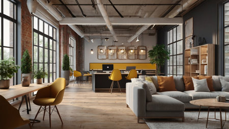 Modern office interior with furniture and equipment. Workplace concept. 3D Rendering